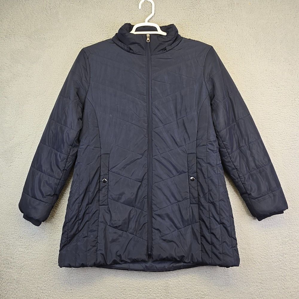 St John's Bay Puffer Jacket Womens XL Navy Blue Trench Long Line No Hood Quilted